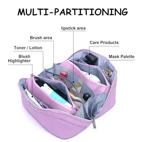 Travel Makeup Bags Cosmetic Organizer Bag: Quilted Make up Bag Set of 3 - PU Leather Toiletry Bags for Women - Portable Makeup Organizer with Compartments & Handle & Divider (14-Purple) - MODAZONE (1)