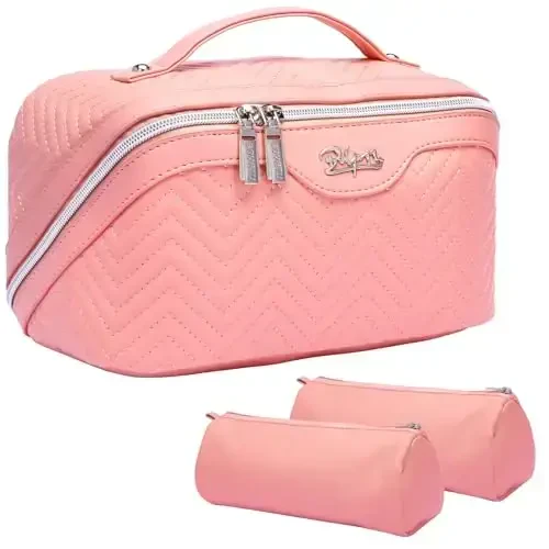 Travel Makeup Bags Cosmetic Organizer Bag: Quilted Make up Bag Set of 3 - PU Leather Toiletry Bags for Women - Portable Makeup Organizer with Compartments & Handle & Divider (14-Pink) 