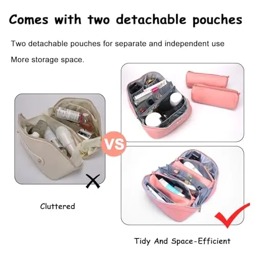 Travel Makeup Bags Cosmetic Organizer Bag: Quilted Make up Bag Set of 3 - PU Leather Toiletry Bags for Women - Portable Makeup Organizer with Compartments & Handle & Divider (14-Pink) - 3