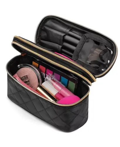 Quilted Travel Makeup Case & Brush Set - Black 
