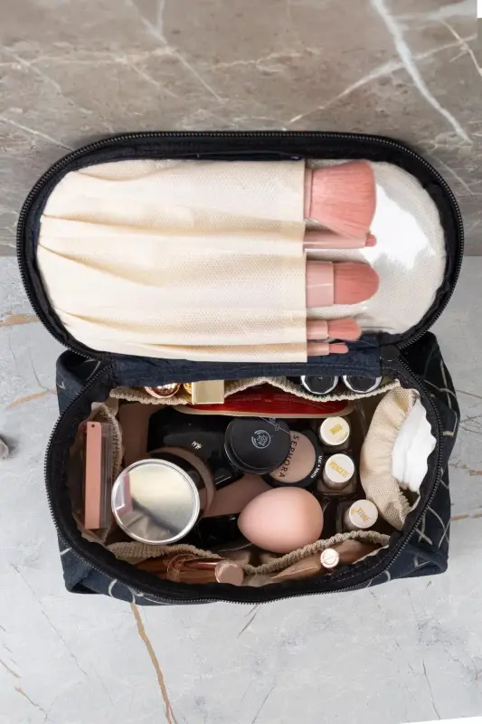 Seyahat Makyaj Çantası 6 Cepli Makyaj Organizeri Çanta-Metalik - 3