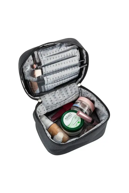 Seyahat Makyaj Organizeri Çok Fonksiyonlu Kozmetik Çantası Kumaş - 2'li Set Siyah - Siyah - 3