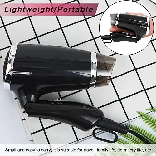 Travel Hair Dryer Folding Compact Blow Dryers Portable Small Professional with 3 Heat Settings Lightweight Mini 8x7inch Low Noise (Black) - 5