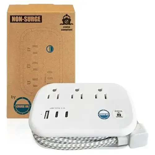 Cruise Approved Power Strip Non Surge Protector - 3.3 ft Wrapped Travel Extension Cord, 2 USB-C, 1 USB, 3 AC Outlet, Cruise Ship Essentials for Carnival, Princess & Major Lines 2025 & 2026 - CRUISE ON