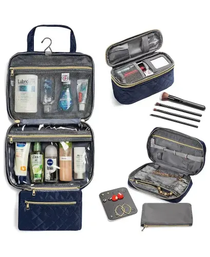 Travel Trio: Quilted Jewelry, Makeup & Toiletry Set - Navy - MS. JETSETTER (1)