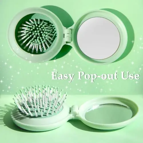 Arthaxi Mini Hair Brush with Mirror for Travel and Purse, Compact Pocket-Size Round Brush and Mirror Combo Gift for Women, Vibrant Green - 3