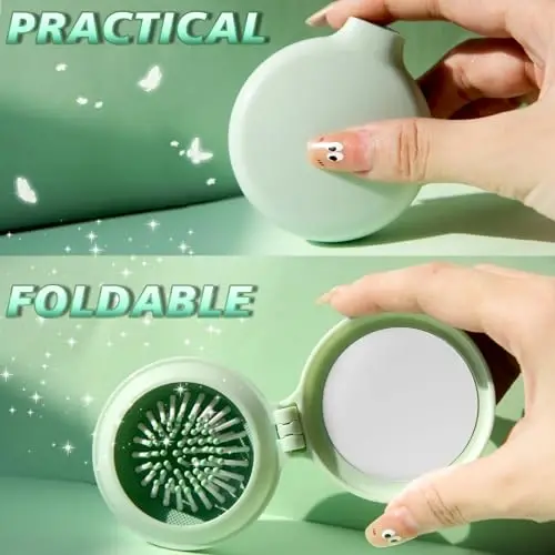 Arthaxi Mini Hair Brush with Mirror for Travel and Purse, Compact Pocket-Size Round Brush and Mirror Combo Gift for Women, Vibrant Green - 4
