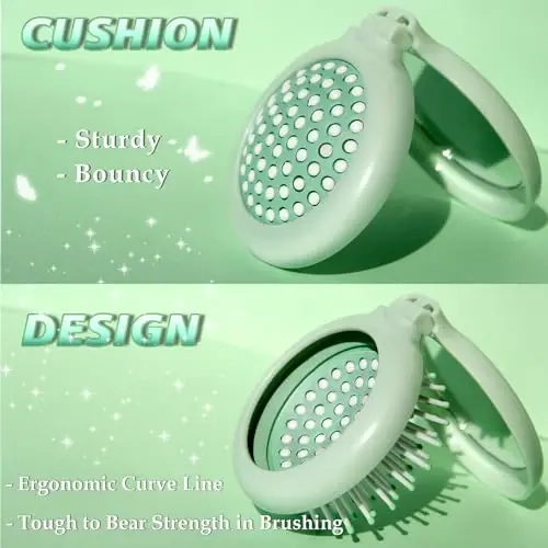 Arthaxi Mini Hair Brush with Mirror for Travel and Purse, Compact Pocket-Size Round Brush and Mirror Combo Gift for Women, Vibrant Green - 2