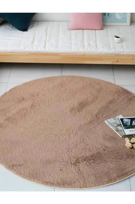 Seyra Home Tekli Yuvarlak Post Peluş Banyo Pas Pası Jel Kaymaz Taban Kahverengi 100x100-Kahverengi - SARAR