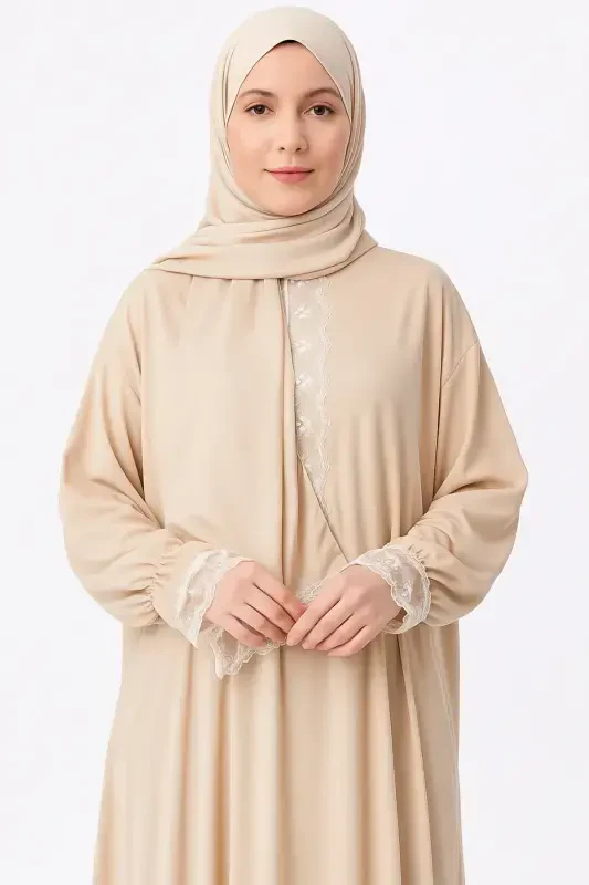 Mevsimlik Kendinden Başörtülü Dantelli Kadın Namaz Elbisesi, Terletmeyen Namaz Kıyafeti-KREM - KUTAY COLLECTION