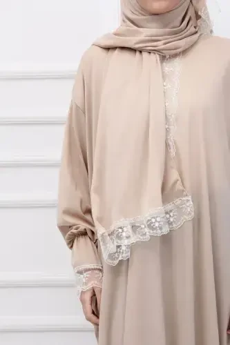 Mevsimlik Kendinden Başörtülü Dantelli Kadın Namaz Elbisesi, Terletmeyen Namaz Kıyafeti-KREM - 6