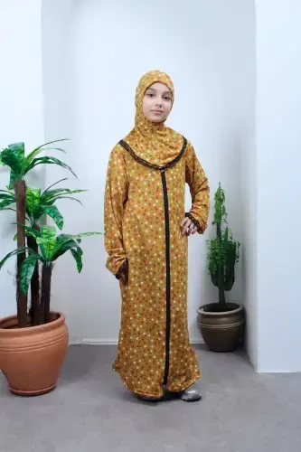 Сезонное детское молитвенное платье с цветочным узором, молодая ферэдже, дышащая молитвенная одежда - желтый - KUTAY COLLECTION (1)