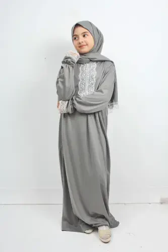 Сезонное нарядное платье для намаза для девочек, подростковая ферaдже, не вызывающая потоотделения одежда для намаза-СЕРЫЙ - 4