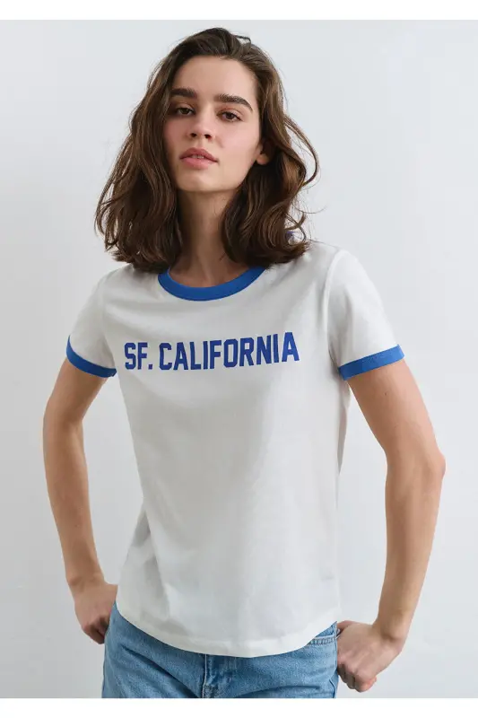 SF California Baskılı Mavi Biyeli Beyaz Futbolka Sli - 1