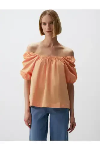 Shaftoli 100% Paxta Kvadrat Yoqali Balon Yengli Bluz - 1