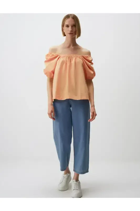 Shaftoli 100% Paxta Kvadrat Yoqali Balon Yengli Bluz - 2