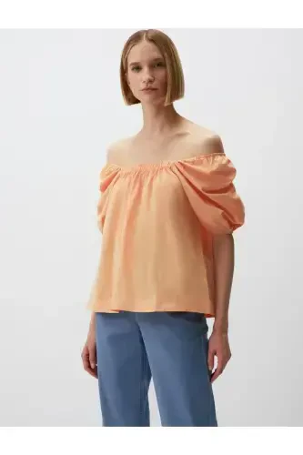 Shaftoli 100% Paxta Kvadrat Yoqali Balon Yengli Bluz - 3