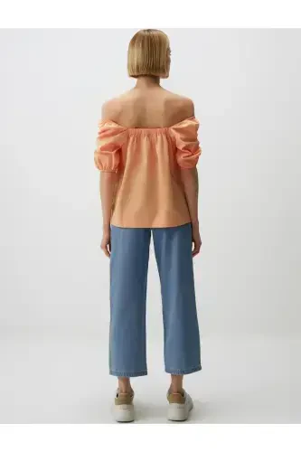 Shaftoli 100% Paxta Kvadrat Yoqali Balon Yengli Bluz - 6