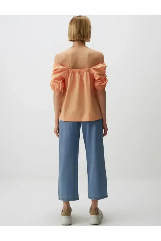 Shaftoli 100% Paxta Kvadrat Yoqali Balon Yengli Bluz - 6