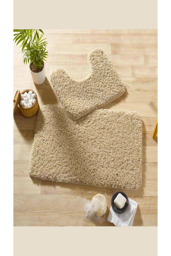 Shaggy Kıvırcık Halı Kaymaz Tabanlı 2'li Set Banyo Halısı Paspas Seti 50x60 - 60x100 - Bej - 1