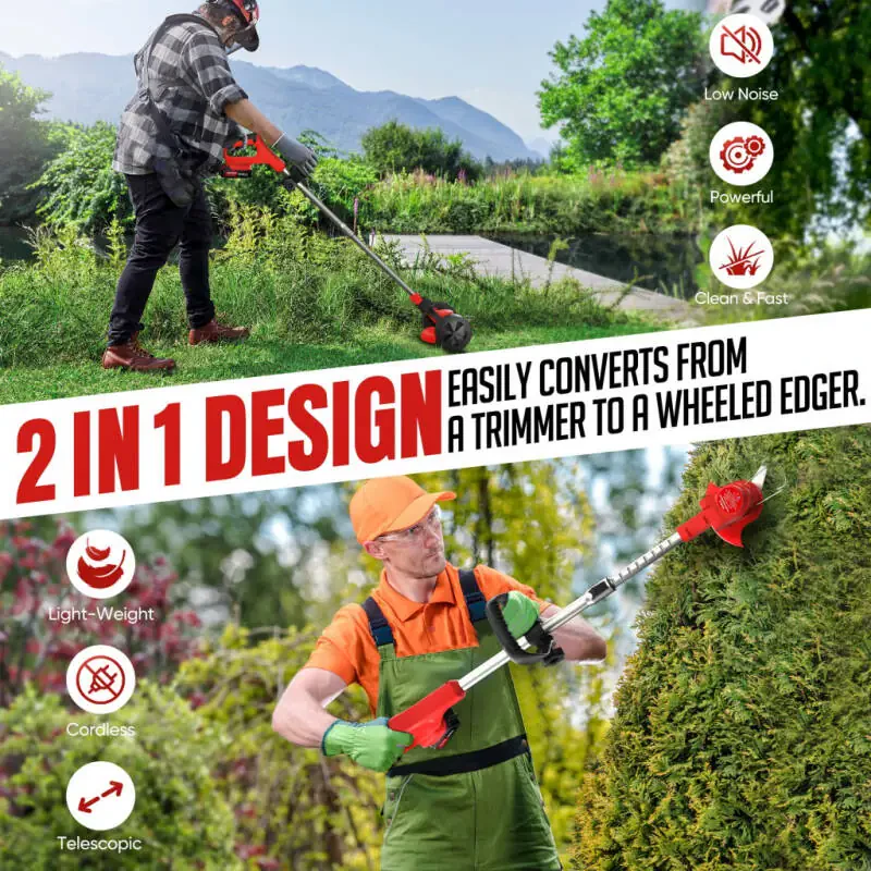 SHALL 24V Grass Trimmer Cordless with Upgraded Wheels, 650W Weed Eater Battery Powered-2.0Ah Li-Ion Battery*2, Weed Wacker Cordless with 4 Types Cutting Blades for Lawn and Garden- - 1