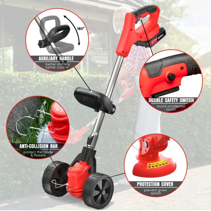 SHALL 24V Grass Trimmer Cordless with Upgraded Wheels, 650W Weed Eater Battery Powered-2.0Ah Li-Ion Battery*2, Weed Wacker Cordless with 4 Types Cutting Blades for Lawn and Garden- - 3