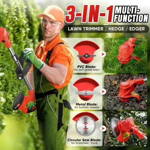 SHALL 24V Grass Trimmer Cordless with Upgraded Wheels, 650W Weed Eater Battery Powered-2.0Ah Li-Ion Battery*2, Weed Wacker Cordless with 4 Types Cutting Blades for Lawn and Garden- - 4