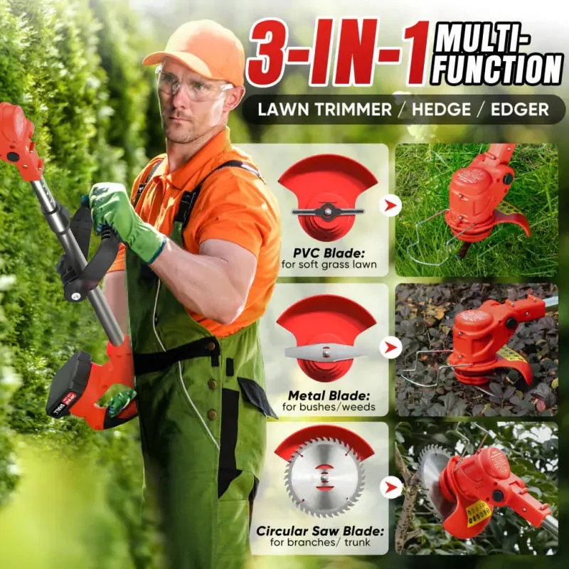 SHALL 24V Grass Trimmer Cordless with Upgraded Wheels, 650W Weed Eater Battery Powered-2.0Ah Li-Ion Battery*2, Weed Wacker Cordless with 4 Types Cutting Blades for Lawn and Garden- - 4