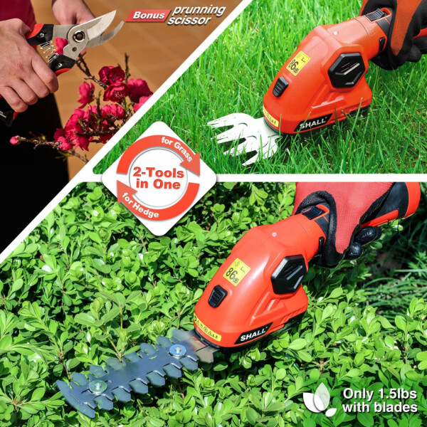 SHALL Hedge Trimmer Cordless & Garden Shears - 7.2V Electric Shrub Trimmer 2 in 1 Garden Clippers Handheld Hedge Trimmers, Hedge Clippers Grass Cutter W/ Pruning Scissor - 4