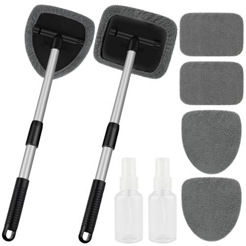 Shamol oynasi tozalash vositasi, Avtomobil oynasi tozalash vositasi 4 dona qayta ishlatiladigan mikrofiber mato bilan, Shamol oynasi oynasini tozalash vositasining ichidagi uzaytiriladigan tutqich Avto oynasi uy uchun (2 ta to'plam, kulrang) - 6