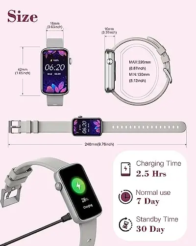 SHANG WING Ayollar uchun fitnes soatlari, LYNN2 yurak urish tezligini o'lchaydigan fitnes trekeri, qon kislorodi/uyqu trekeri pedometri, iOS/Android telefonlari uchun ingichka qadam o'lchagichli suv o'tkazmaydigan kulrang soat - 5