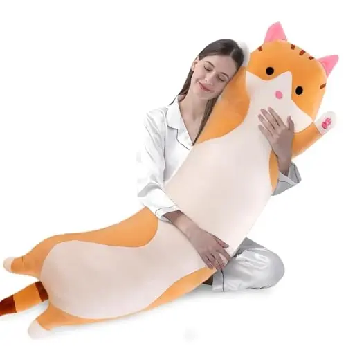 shangman Lovely Plush Cat Doll Cute Cartoon Soft Stuffed Kitten Pillow Long Throw Sleeping Pillow Doll Toy Gift for Kids Girlfriend Multiple Size (Brown,150cm/59in) 