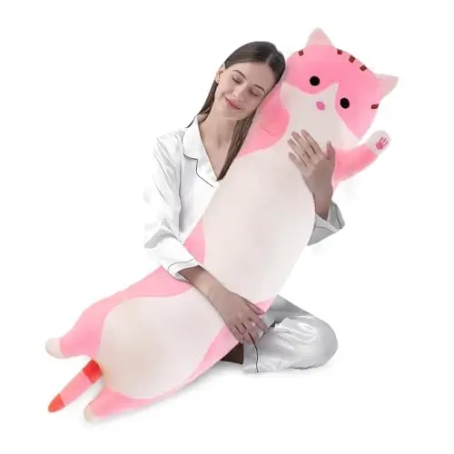 shangman Lovely Plush Cat Doll Cute Cartoon Soft Stuffed Kitten Pillow Long Throw Sleeping Pillow Doll Toy Gift for Kids Girlfriend Multiple Size (Pink,130cm/51.1in) 
