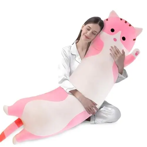 shangman Lovely Plush Cat Doll Cute Cartoon Soft Stuffed Kitten Pillow Long Throw Sleeping Pillow Doll Toy Gift for Kids Girlfriend Multiple Size (Pink,150cm/59in) - SHANGMAN