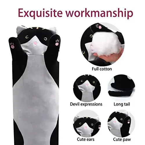 shangman Lovely Plush Cat Doll - Cute Cartoon Soft Stuffed Kitten Pillow, Long Throw Sleeping Pillow, Valentine’s Day Gift for Kids & Girlfriend (Black, 50cm/19.6in) - 2