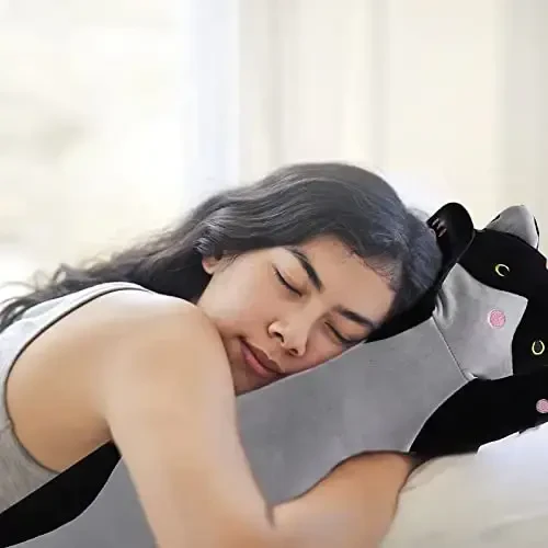 shangman Lovely Plush Cat Doll - Cute Cartoon Soft Stuffed Kitten Pillow, Long Throw Sleeping Pillow, Valentine’s Day Gift for Kids & Girlfriend (Black, 50cm/19.6in) - 6
