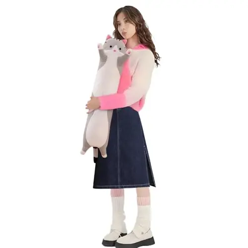 shangman Lovely Plush Cat Qo'g'irchog'i Yoqimli Multfilm Yumshoq O'yinchoq Mushukcha Uzun Yostiqli Yostiq Bolalar uchun Sovg'a Qiz do'sti Bir nechta Hajmi (Kulrang, 70cm / 27.5in) 