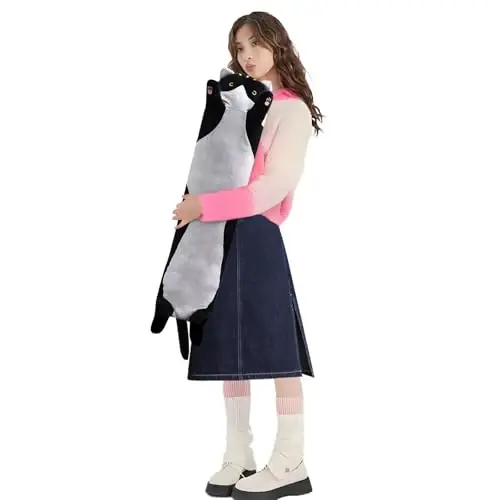 shangman Прекрасная плюшевая кукла-кошка, милая мультяшная мягкая фаршированная подушка-котенок, длинная подушка для сна, кукла-игрушка, подарок на День святого Валентина для детей, подруги (черный, 90 см/35,4 дюйма) - 1