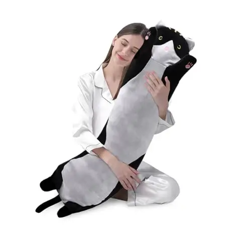 shangman Lovely Plush Cat Doll Cute Cartoon Soft Stuffed Kitten Pillow Long Throw Sleeping Pillow Doll Toy Valentines Day Gift for Kids Girlfriend (Black, 110cm/43.3in) - SHANGMAN