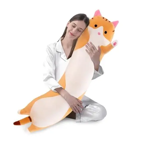 shangman Lovely Plush Cat Doll Cute Cartoon Soft Stuffed Kitten Pillow Long Throw Sleeping Pillow Doll Toy Gift for Kids Girlfriend Multiple Size (Brown,110cm/43.3in) - SHANGMAN