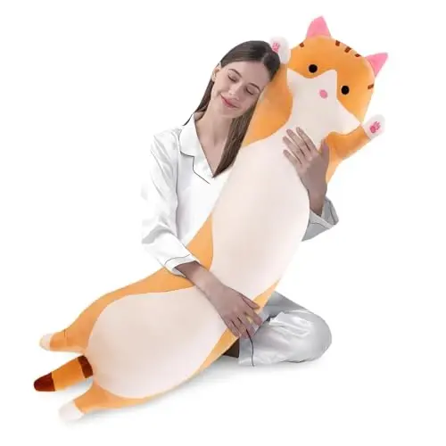 shangman Lovely Plush Cat Doll Cute Cartoon Soft Stuffed Kitten Pillow Long Throw Sleeping Pillow Doll Toy Gift for Kids Girlfriend Multiple Size (Brown,130cm/51.1in) - 1