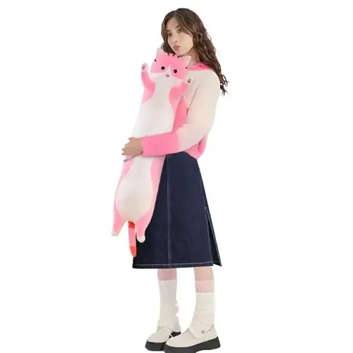 shangman Lovely Plush Cat Doll Cute Cartoon Soft Stuffed Kitten, Long Throw Sleeping Pillow, Toy Gift for Kids Girlfriend Multiple Size (Pink,90cm/35.4in) - SHANGMAN