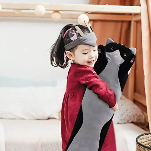 shangman Lovely Plush Cat Doll - Cute Cartoon Soft Stuffed Kitten Pillow, Long Throw Sleeping Pillow, Valentine’s Day Gift for Kids & Girlfriend (Black, 70cm/27.5in) - 4