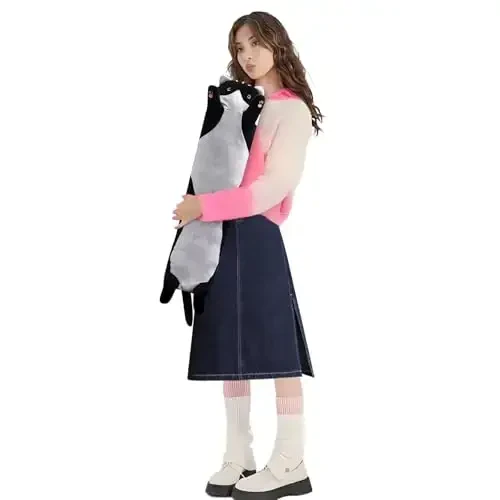 shangman Lovely Plush Cat Doll - Cute Cartoon Soft Stuffed Kitten Pillow, Long Throw Sleeping Pillow, Valentine’s Day Gift for Kids & Girlfriend (Black, 70cm/27.5in) - SHANGMAN