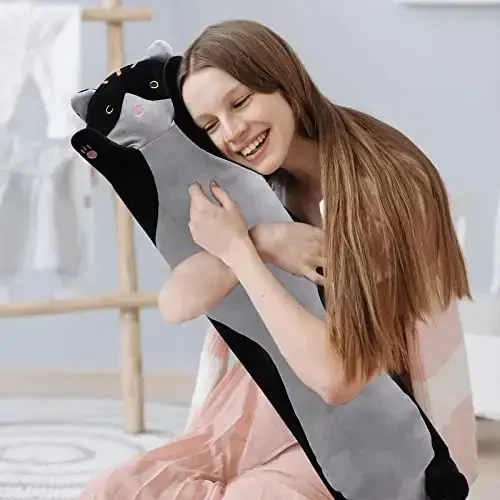 shangman Lovely Plush Cat Doll - Cute Cartoon Soft Stuffed Kitten Pillow, Long Throw Sleeping Pillow, Valentine’s Day Gift for Kids & Girlfriend (Black, 70cm/27.5in) - 6