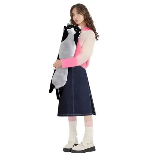 shangman Lovely Plush Cat Doll - Cute Cartoon Soft Stuffed Kitten Pillow, Long Throw Sleeping Pillow, Valentine’s Day Gift for Kids & Girlfriend (Black, 70cm/27.5in) - SHANGMAN