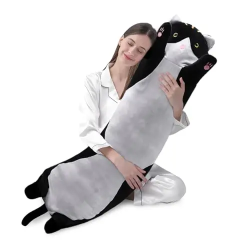 shangman Lovely Plush Cat Doll Cute Cartoon Soft Stuffed Kitten Pillow Long Throw Sleeping Pillow Doll Toy Valentines Day Gift for Kids Girlfriend (Black, 130cm/51.1in) - SHANGMAN