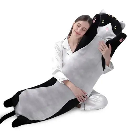 shangman Lovely Plush Cat Doll - Cute Cartoon Soft Stuffed Kitten Pillow, Long Throw Sleeping Pillow, Valentine’s Day Gift for Kids & Girlfriend (Black, 150cm/59in) - 1