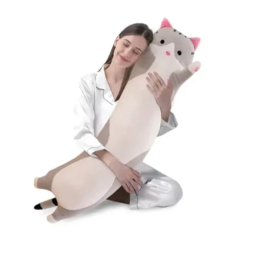shangman Lovely Plush Cat Doll Cute Cartoon Soft Stuffed Kitten Pillow Long Throw Sleeping Pillow Doll Toy Gift for Kids Girlfriend Multiple Size (Grey,110cm/43.3in) 