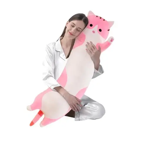 shangman Lovely Plush Cat Doll Cute Cartoon Soft Stuffed Kitten Pillow Long Throw Sleeping Pillow Doll Toy Gift for Kids Girlfriend Multiple Size (Pink,110cm/43.3in) - 1